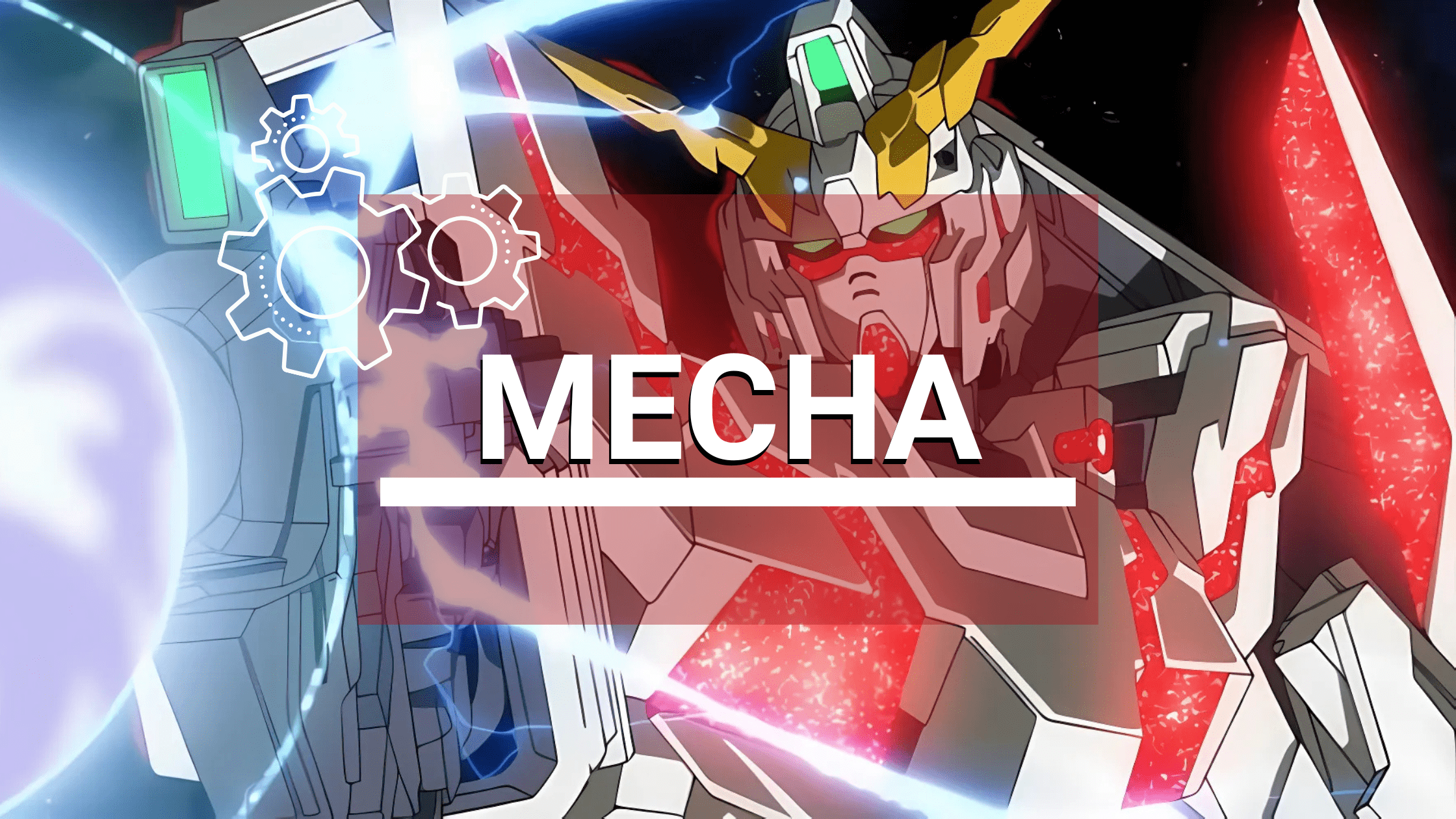 Mecha 1 A stylised anime mecha robot with glowing red accents and golden V-shaped antennae, overlaid with the word “MECHA” in bold text and gear icons.