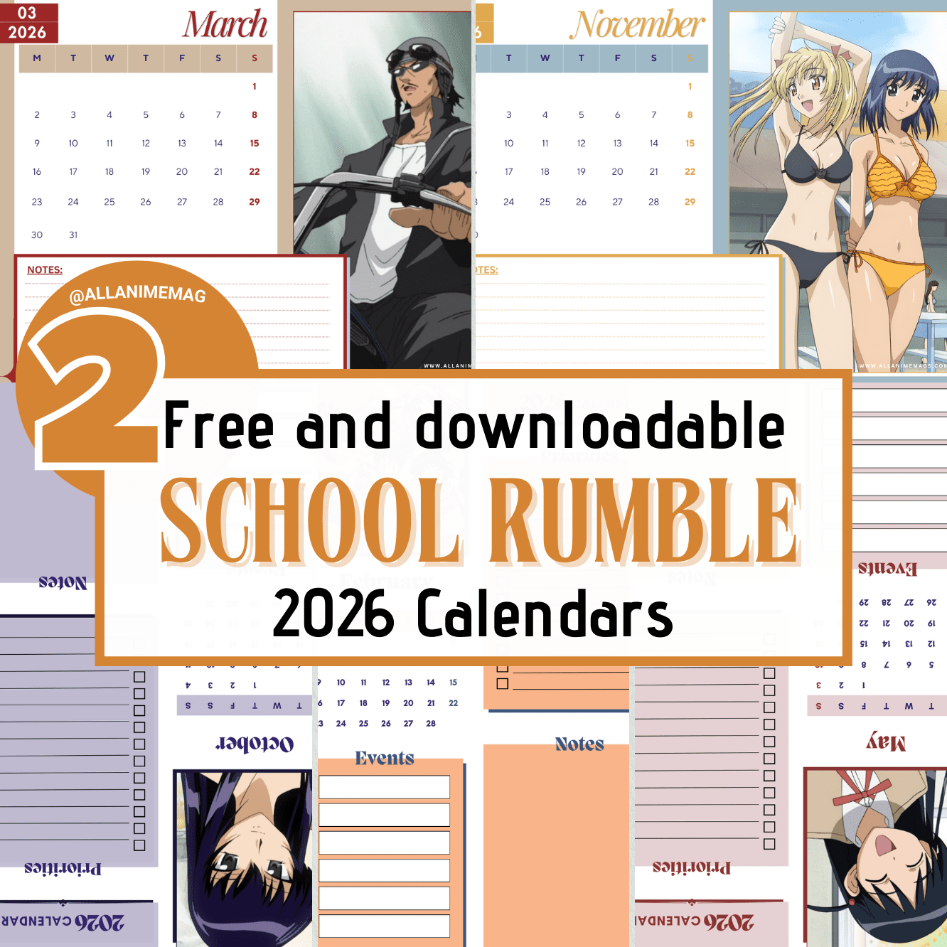 2 Free 2026 Anime Calendars: School Rumble 1 Free School Rumble 2026 anime calendars featuring characters from the series in simple and diary planner layouts
